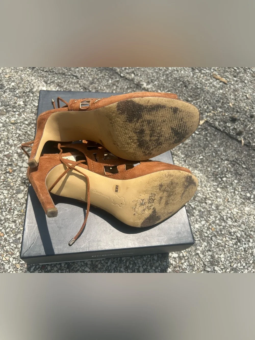BCBGeneration Cognac Suede Strappy Peep-Toe Heels